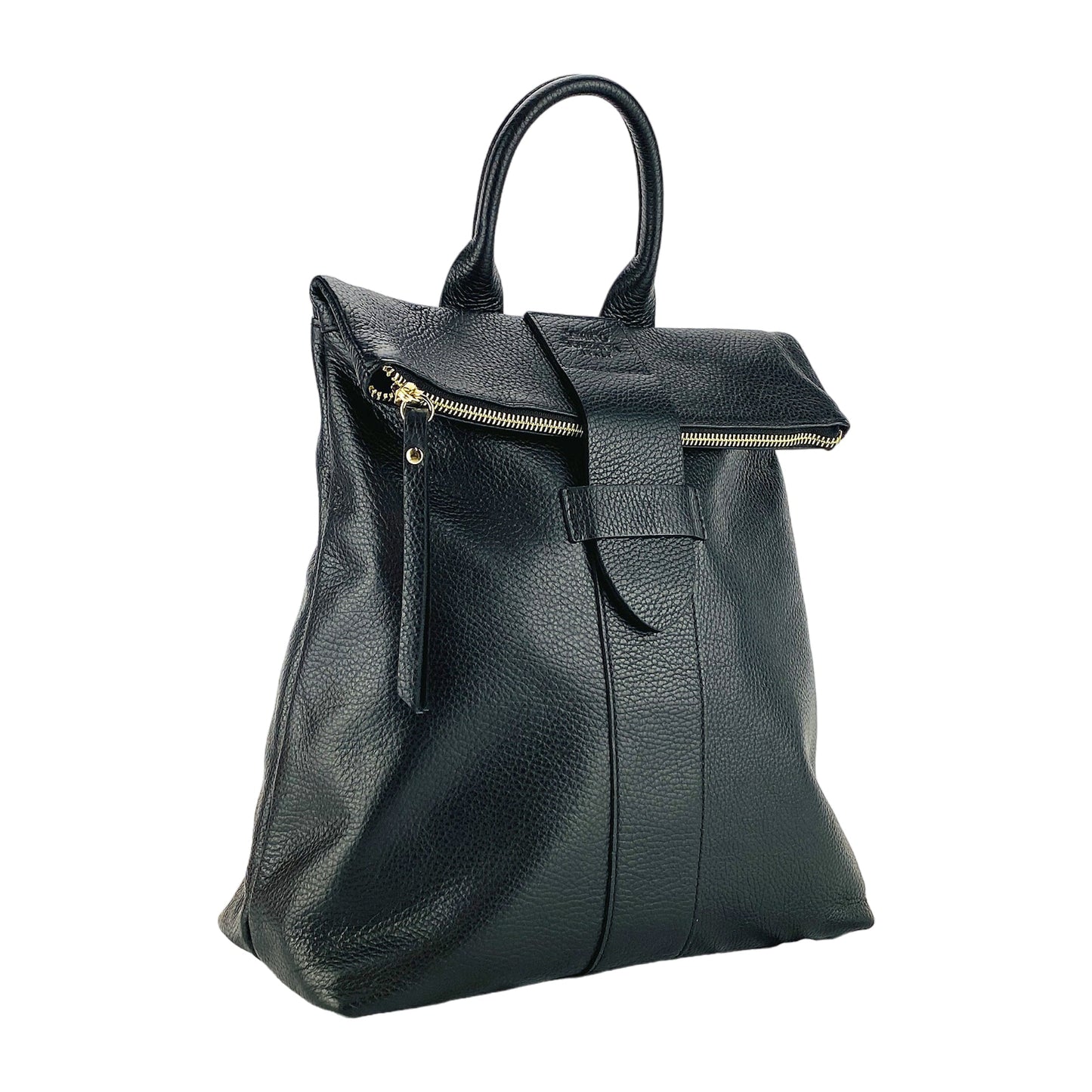 RB1021A | Women's Soft Genuine Leather Backpack Made in Italy with Adjustable Shoulder Straps. Zipper and Polished Gold Metal Accessories - Black Color - Dimensions: 30 x 34 x 10.5 cm