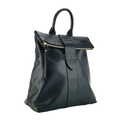 RB1021A | Women's Soft Genuine Leather Backpack Made in Italy with Adjustable Shoulder Straps. Zipper and Polished Gold Metal Accessories - Black Color - Dimensions: 30 x 34 x 10.5 cm